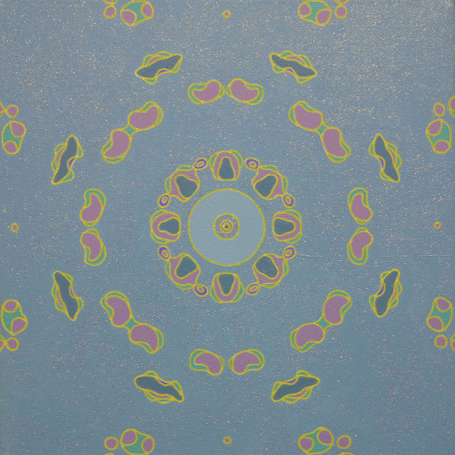 <br/>Hatchie Storax, 2011<br/>12" x 12" x 1<span>½</span>"<br/>acrylic, paper, opaque marker and glitter on canvas